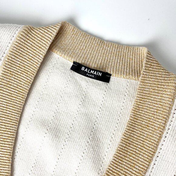 Authentic Balmain Off White Gold Ribbed Knit Cropped Cardigan Mini Skirt Set 38 - Picture 7 of 10
